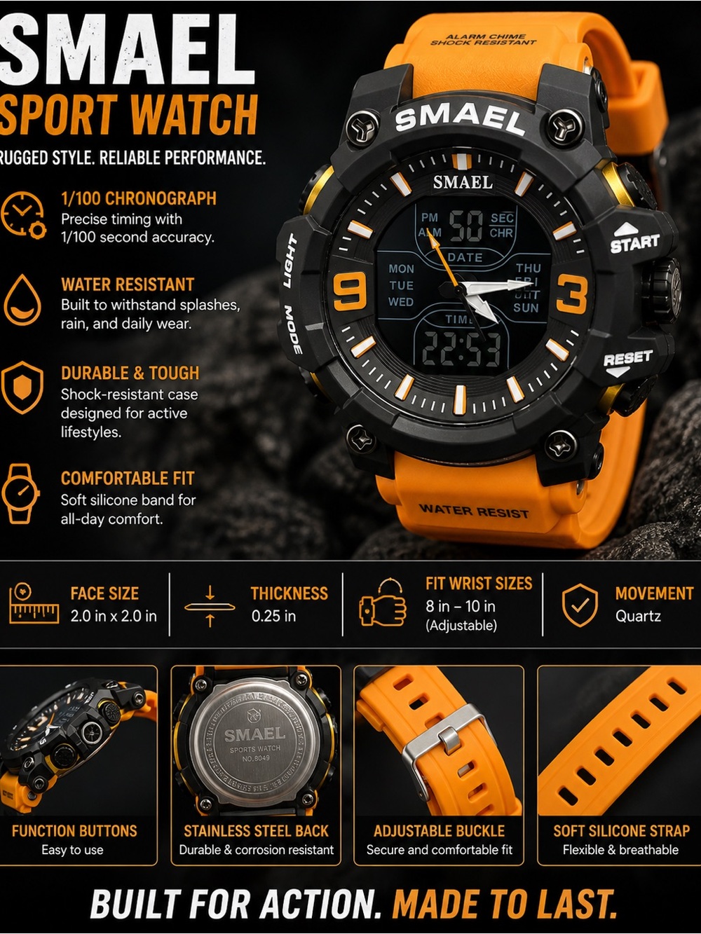 Men's Sport Watch - Orange Silicone Strap